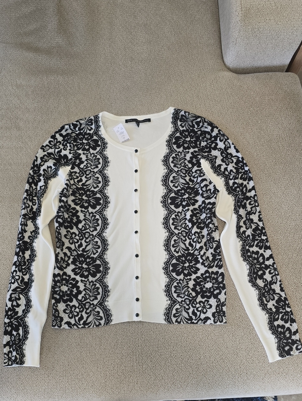 White House Black Market Ivory Black Lace Print Cardigan Sweater - Size Large